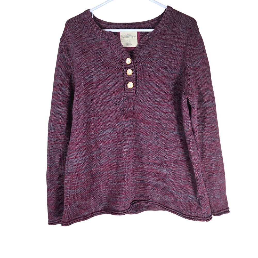Natural Reflections Womens Burgundy Space Dye Cotton Henley Sweater Size Small